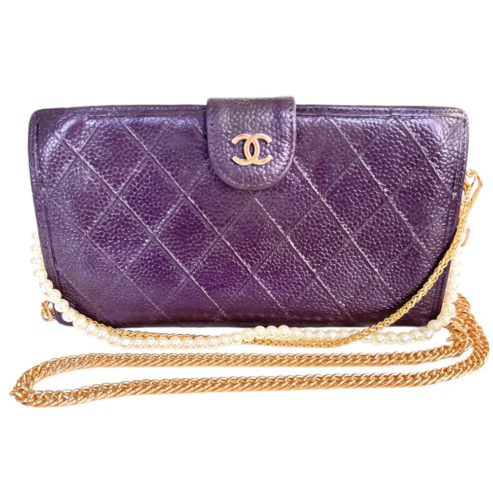 CHA-NEL CC Deep Purple Wild Stitch Leather Bifold Wallet on Chain w/ auth cert